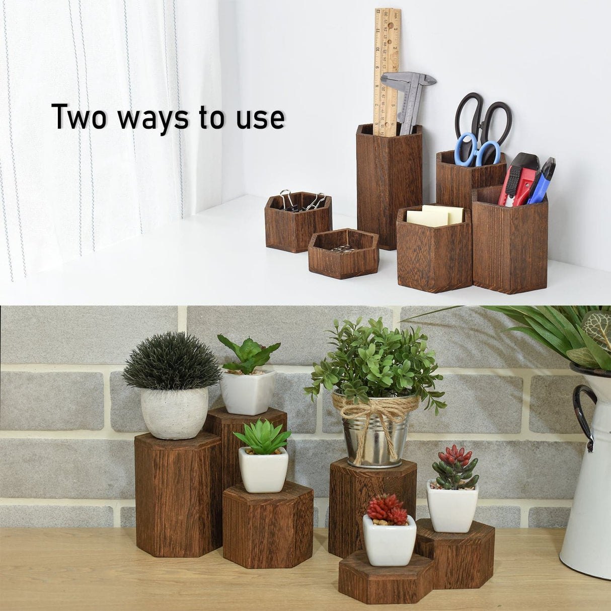 #WD5136 Wooden 6 Pcs Hexagonal Risers, Brown Color