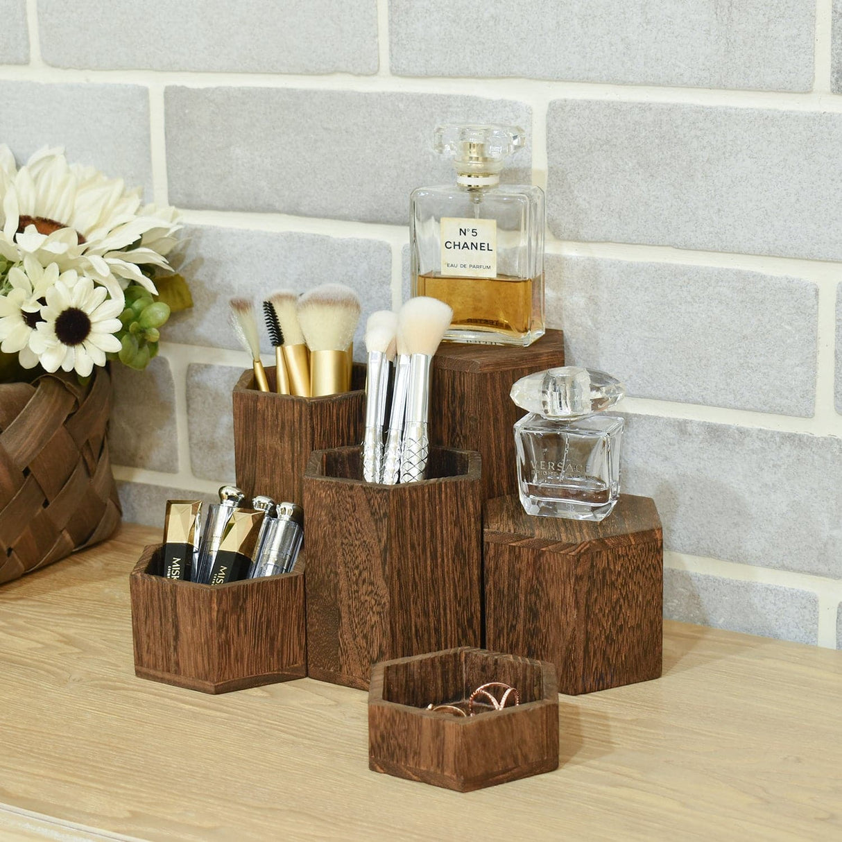 #WD5136 Wooden 6 Pcs Hexagonal Risers, Brown Color