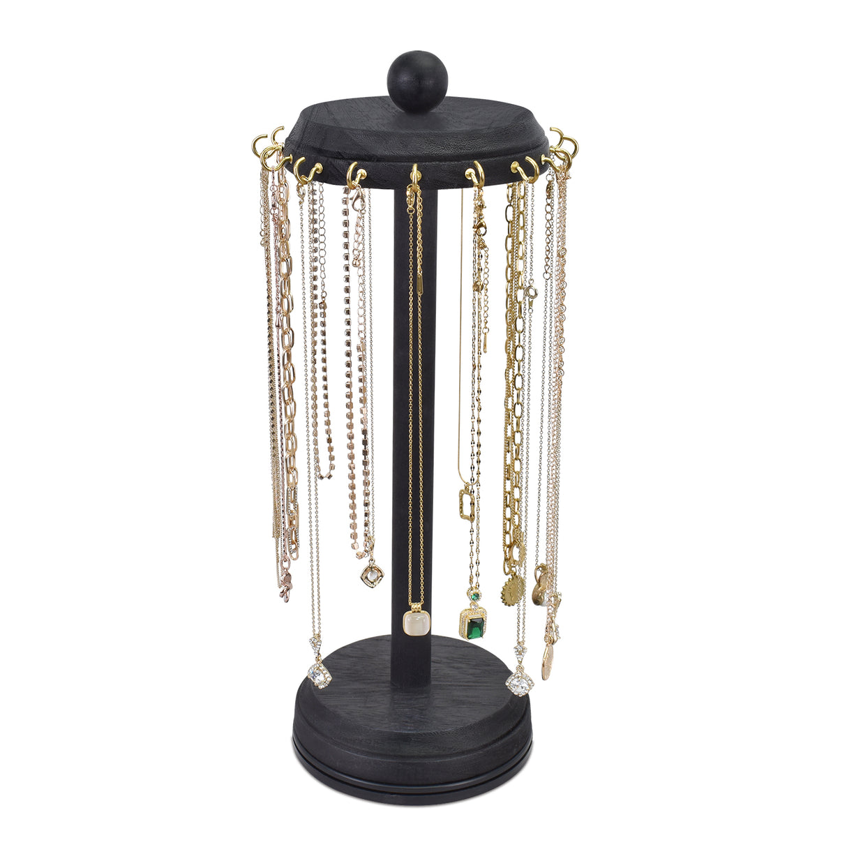 #WD5627BK 16 Hooks Wooden Rotating Necklace Organizer Holder, Necklace Display Stand With Hooks, Black Color