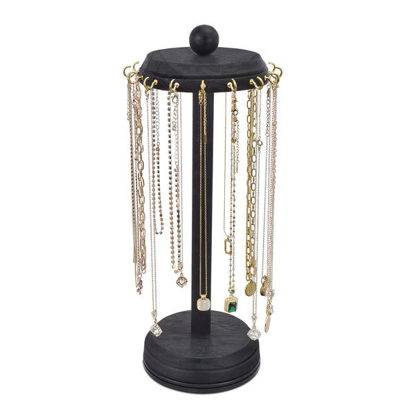 #WD5627BK 16 Hooks Wooden Rotating Necklace Organizer Holder, Necklace Display Stand With Hooks, Black Color