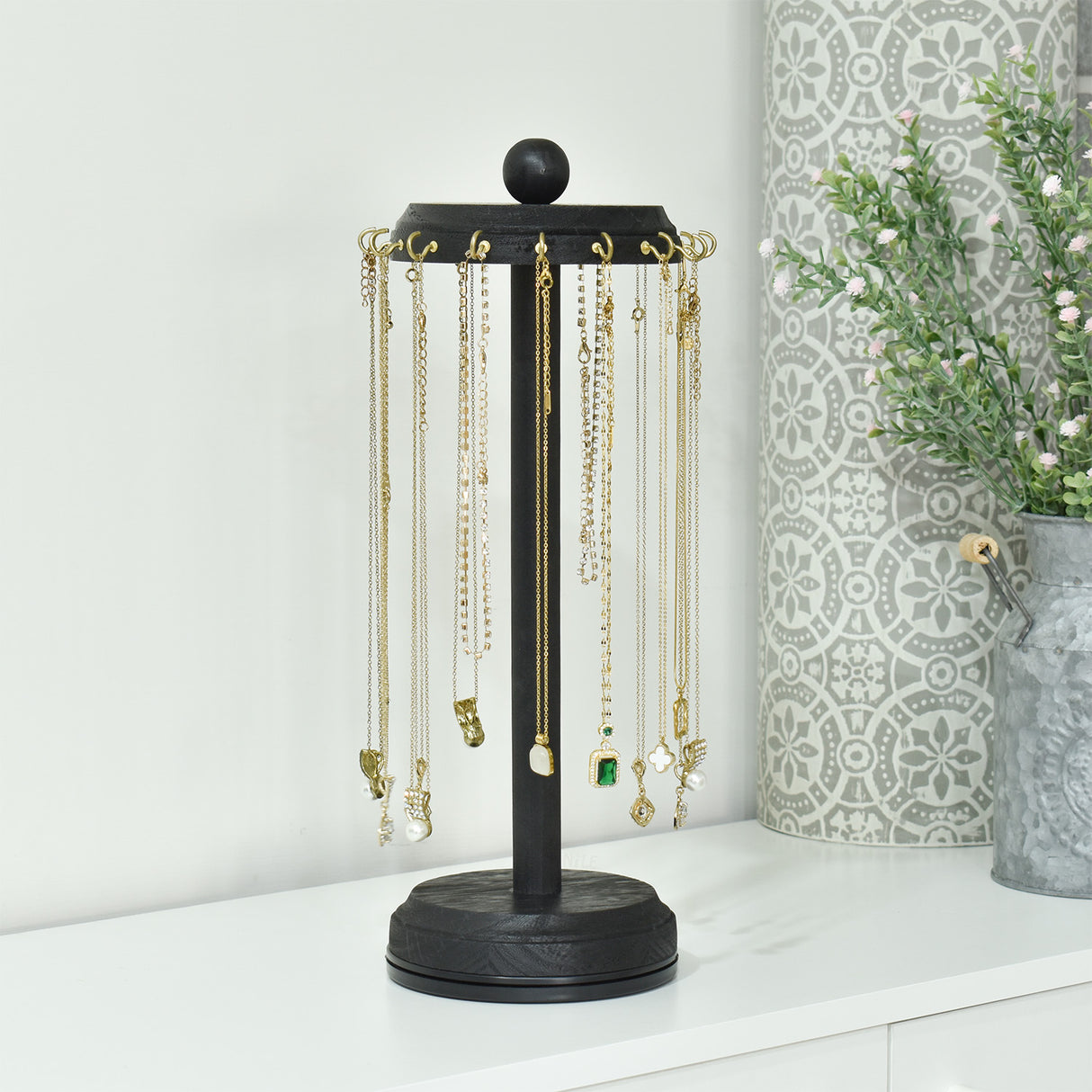 #WD5627BK 16 Hooks Wooden Rotating Necklace Organizer Holder, Necklace Display Stand With Hooks, Black Color