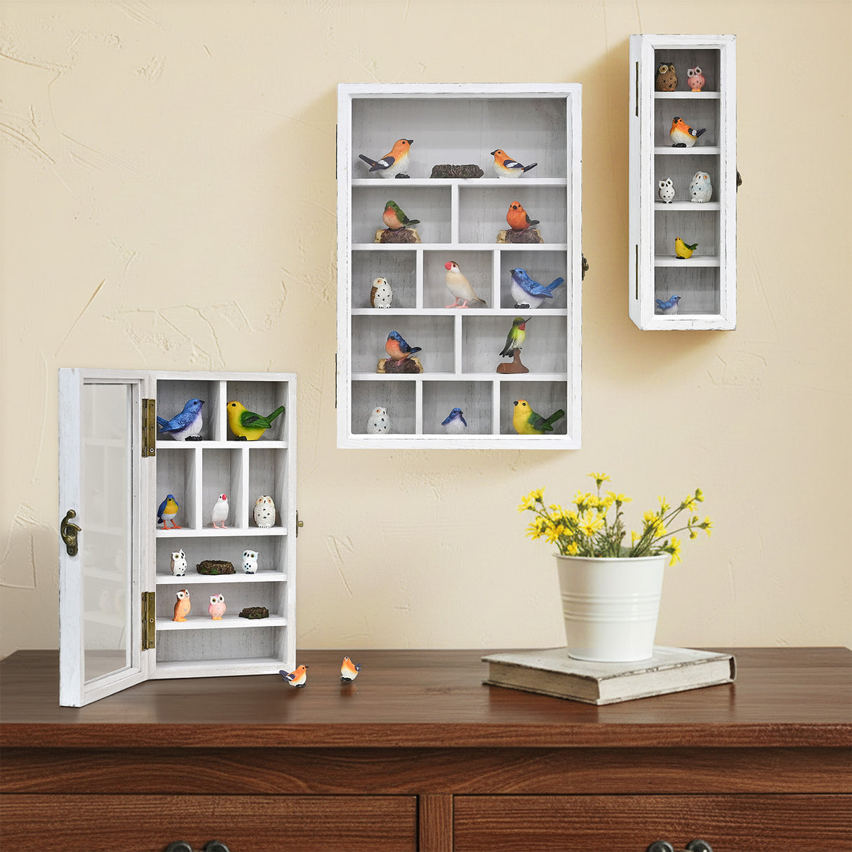 #WD5793 3-Pc Wall-Mounted Wooden Cubby Display Shelf with Glass Door
