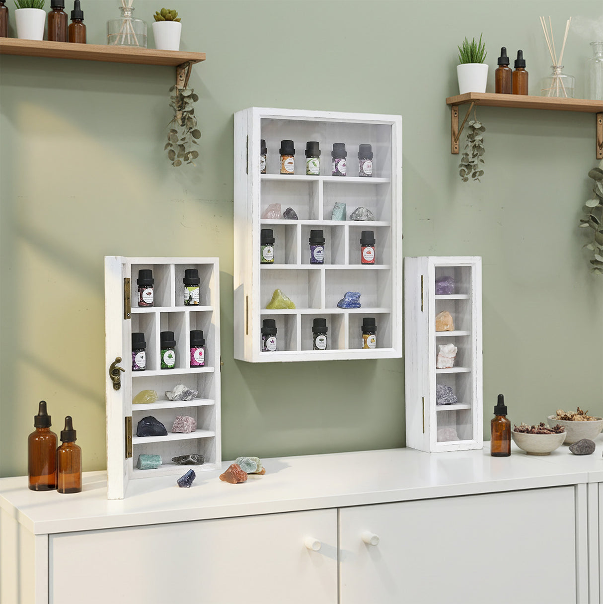 #WD5793 3-Pc Wall-Mounted Wooden Cubby Display Shelf with Glass Door