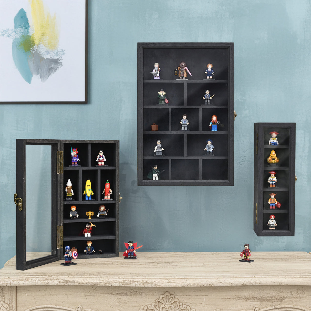 #WD5793 3-Pc Wall-Mounted Wooden Cubby Display Shelf with Glass Door