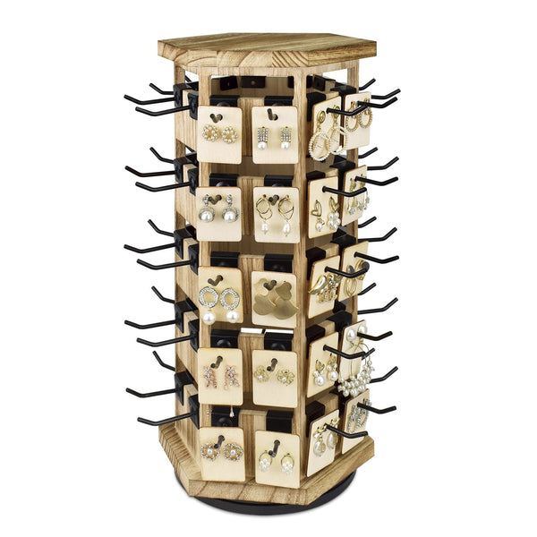 Natural Wood Hexagon Rotating Jewelry Tower