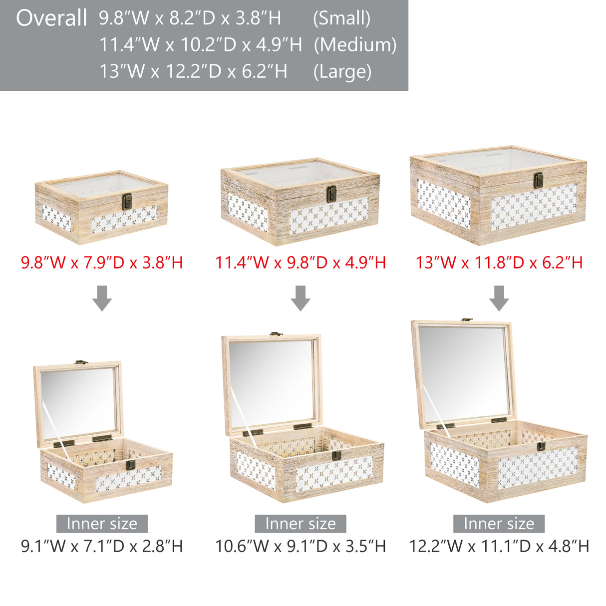 Set of 3 Stackable Wooden Decorative Boxes with Tempered Glass Hinged Lid, Farmhouse Storage 