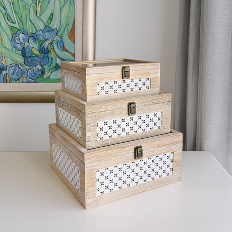 Set of 3 Stackable Wooden Decorative Boxes with Tempered Glass Hinged Lid, Farmhouse Storage 
