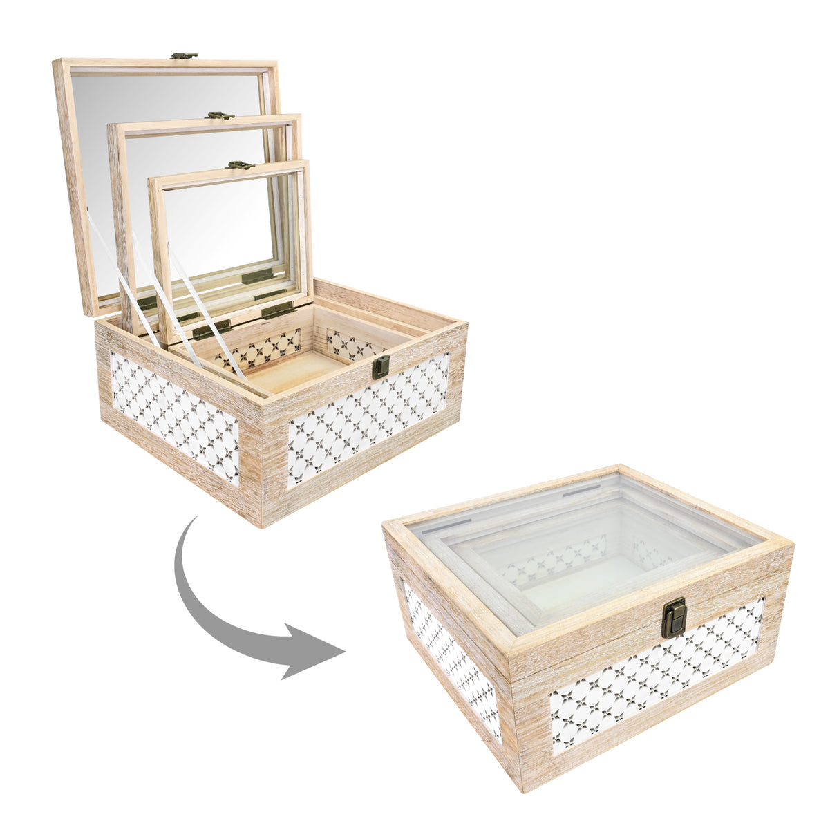 Set of 3 Stackable Wooden Decorative Boxes with Tempered Glass Hinged Lid, Farmhouse Storage 