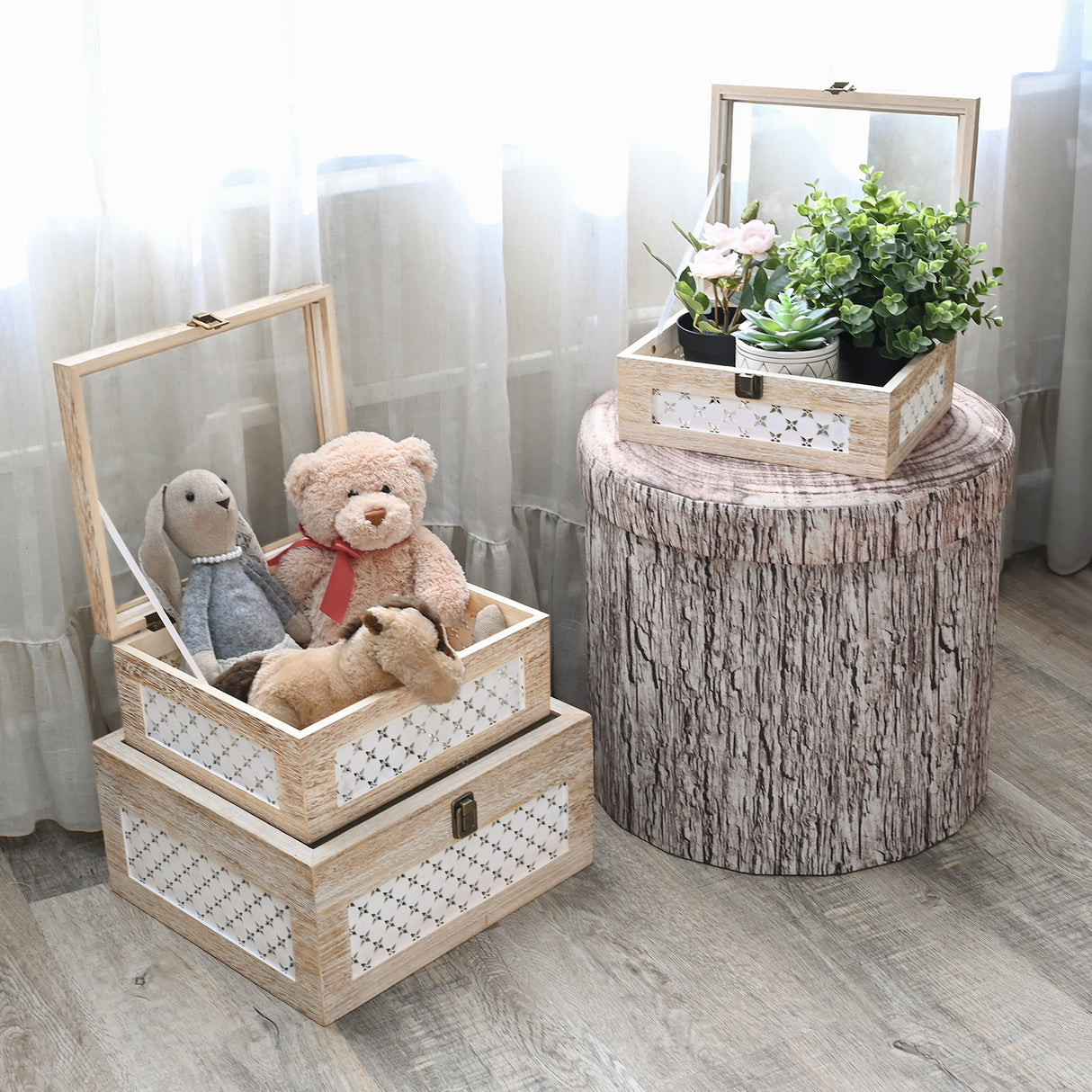 Set of 3 Stackable Wooden Decorative Boxes with Tempered Glass Hinged Lid, Farmhouse Storage 