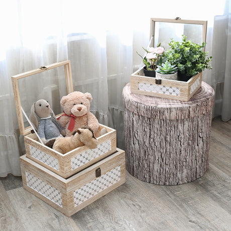 Set of 3 Stackable Wooden Decorative Boxes with Tempered Glass Hinged Lid, Farmhouse Storage 