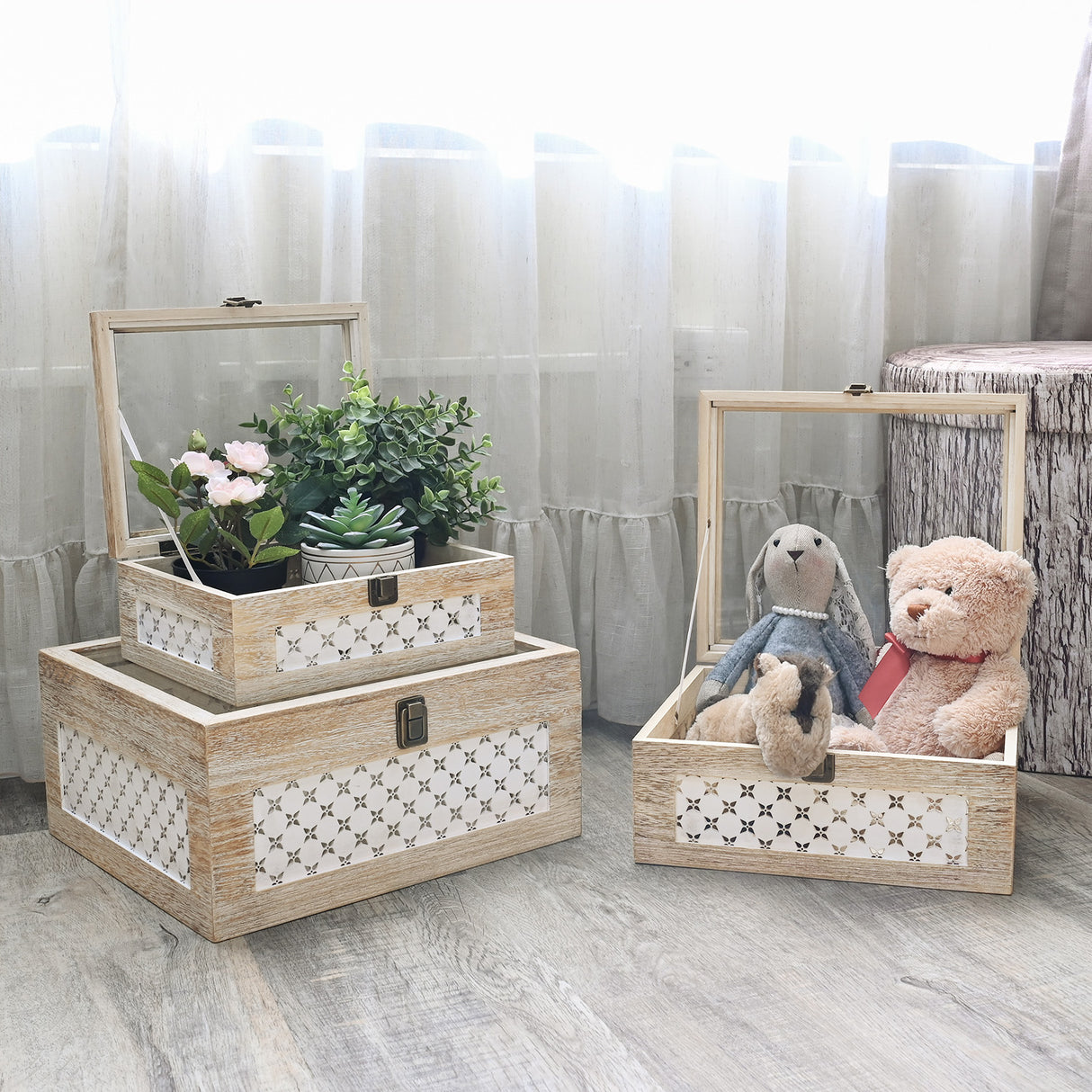 Set of 3 Stackable Wooden Decorative Boxes with Tempered Glass Hinged Lid, Farmhouse Storage 