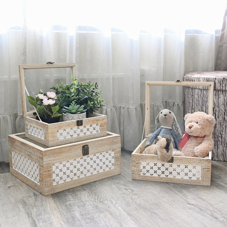 Set of 3 Stackable Wooden Decorative Boxes with Tempered Glass Hinged Lid, Farmhouse Storage 