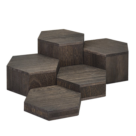 Large Wooden 5 Pcs Hexagon Risers for Display Jewelry and Accessories Display Stand, Dark Brown 