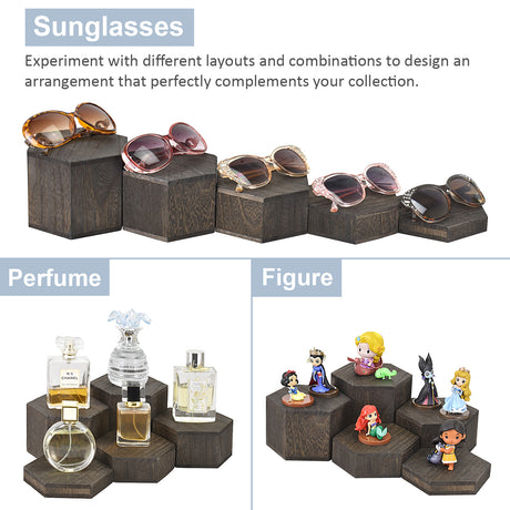 Large Wooden 5 Pcs Hexagon Risers for Display Jewelry and Accessories Display Stand, Dark Brown 