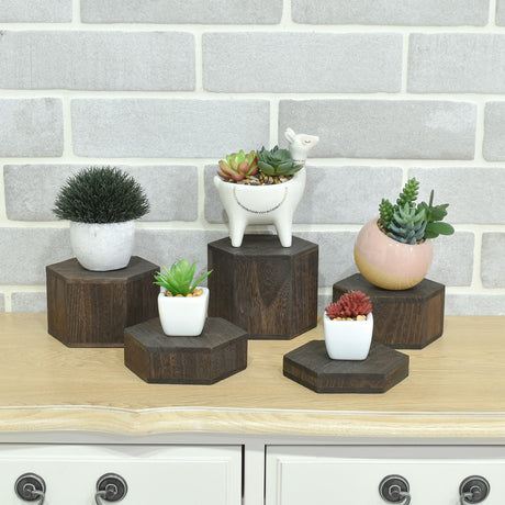 Large Wooden 5 Pcs Hexagon Risers for Display Jewelry and Accessories Display Stand, Dark Brown 