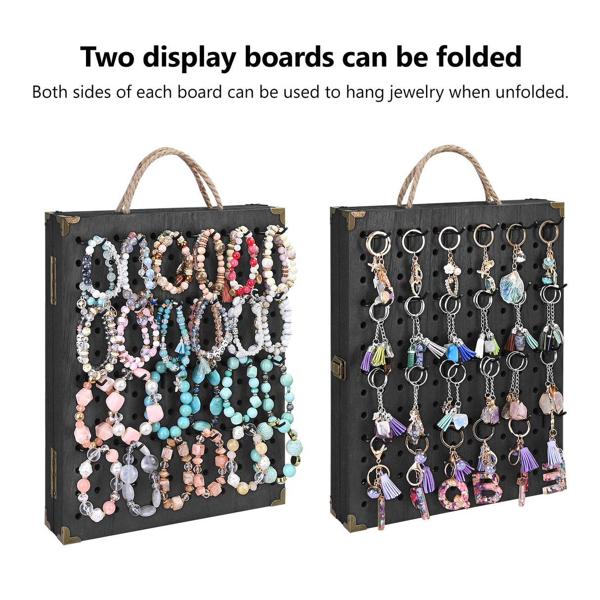 #WD7548 Wooden Foldable and Portable 2 Panel Jewelry Pegboard Organizer with 48 Removable Black Hooks