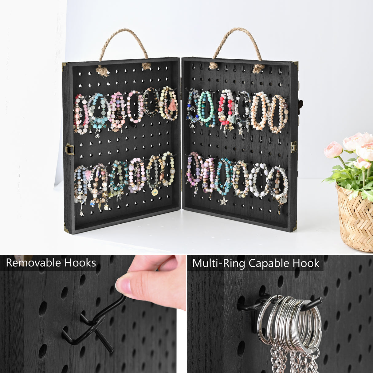 #WD7548 Wooden Foldable and Portable 2 Panel Jewelry Pegboard Organizer with 48 Removable Black Hooks