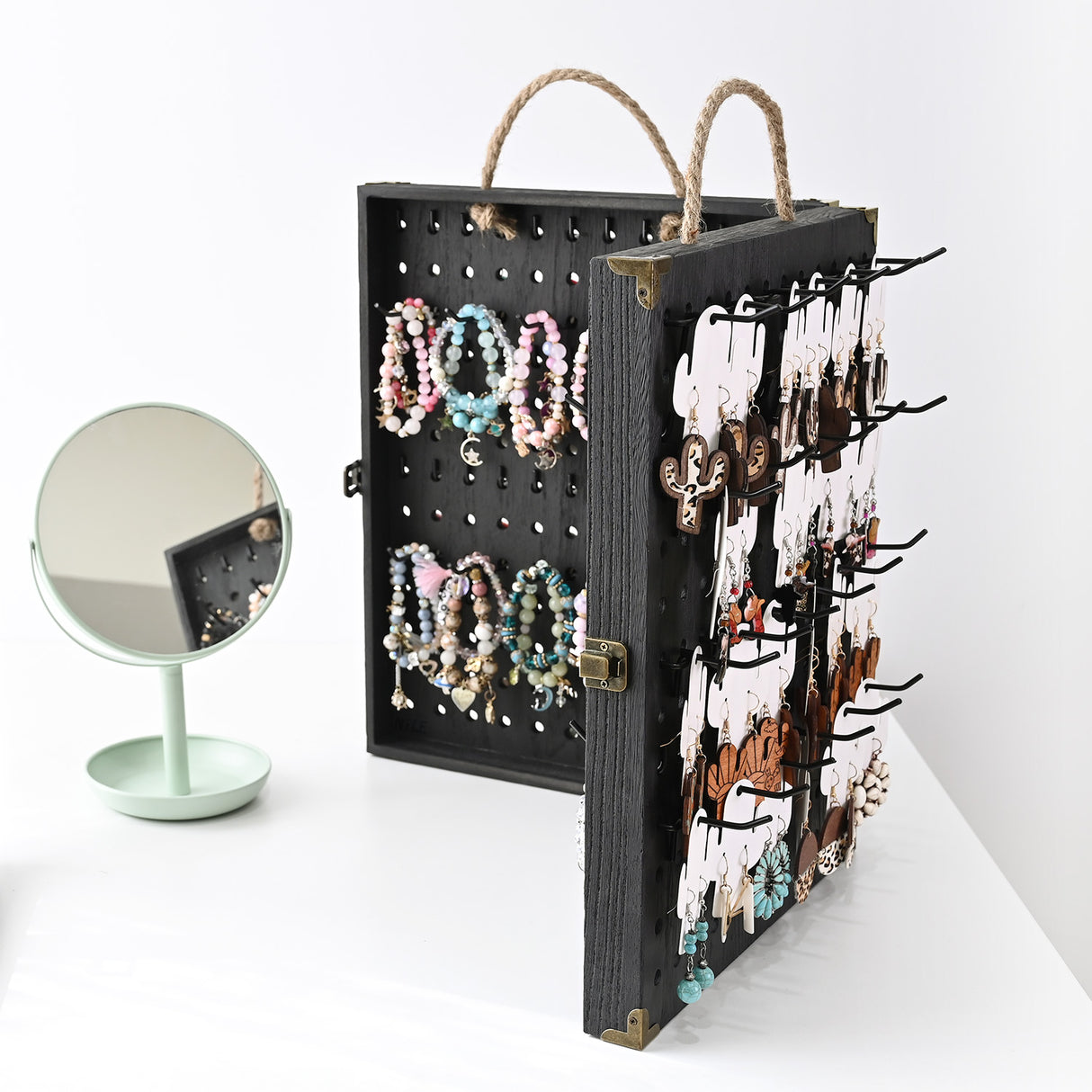 #WD7548 Wooden Foldable and Portable 2 Panel Jewelry Pegboard Organizer with 48 Removable Black Hooks
