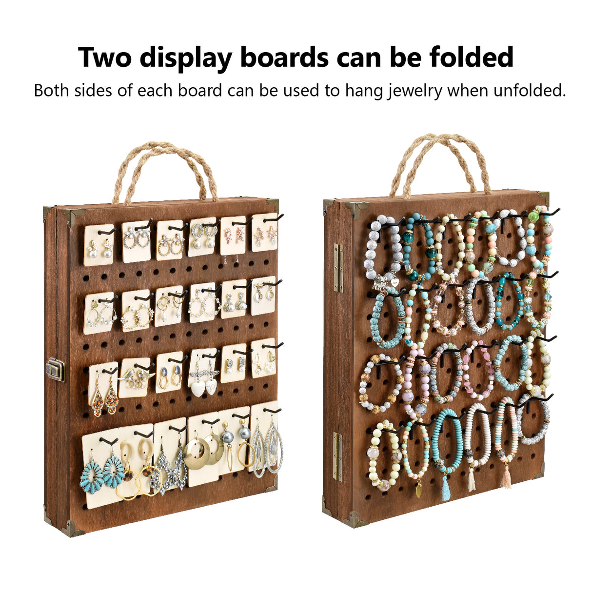 #WD7548 Wooden Foldable and Portable 2 Panel Jewelry Pegboard Organizer with 48 Removable Black Hooks