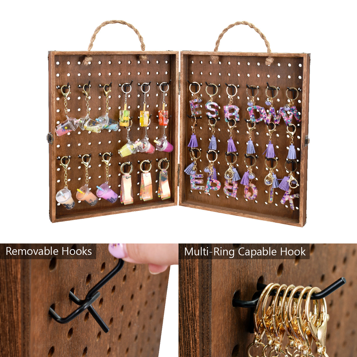 #WD7548 Wooden Foldable and Portable 2 Panel Jewelry Pegboard Organizer with 48 Removable Black Hooks