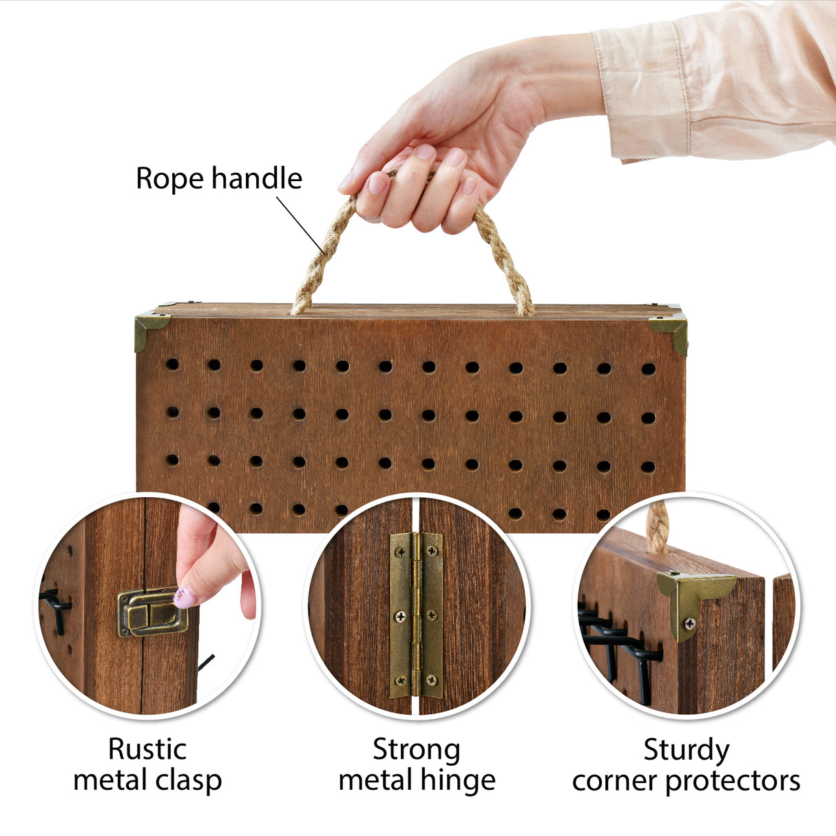 #WD7548 Wooden Foldable and Portable 2 Panel Jewelry Pegboard Organizer with 48 Removable Black Hooks