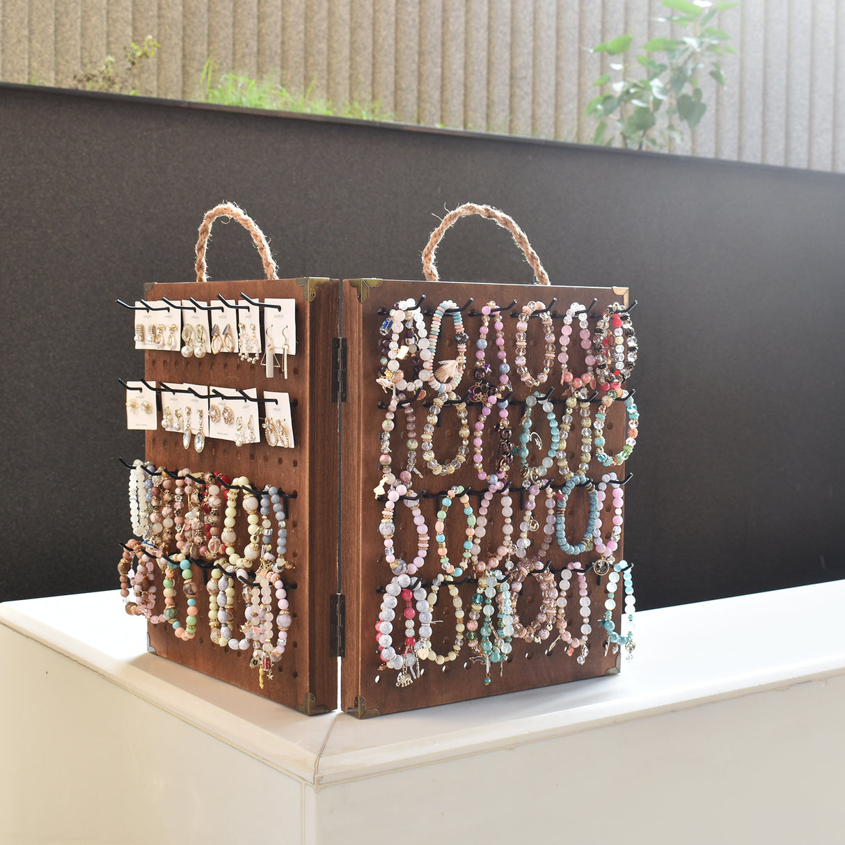 #WD7548 Wooden Foldable and Portable 2 Panel Jewelry Pegboard Organizer with 48 Removable Black Hooks