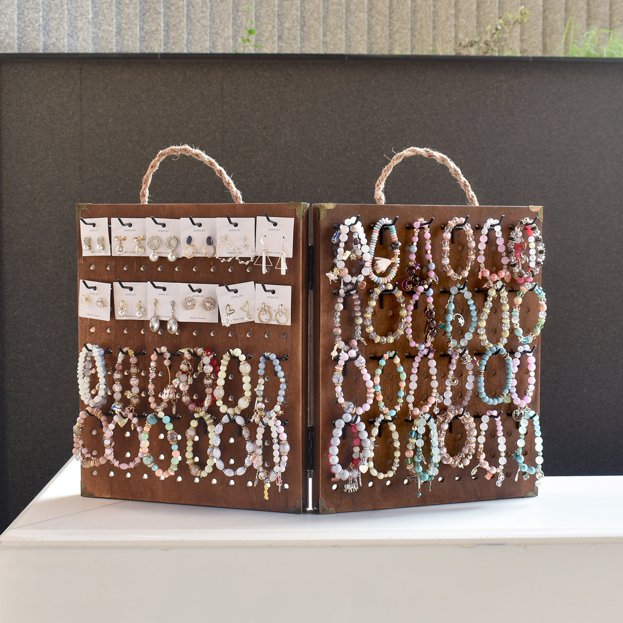#WD7548 Wooden Foldable and Portable 2 Panel Jewelry Pegboard Organizer with 48 Removable Black Hooks