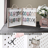 Wooden Foldable and Portable 2 Panel Jewelry Pegboard Organizer with 48 Removable Black Hooks