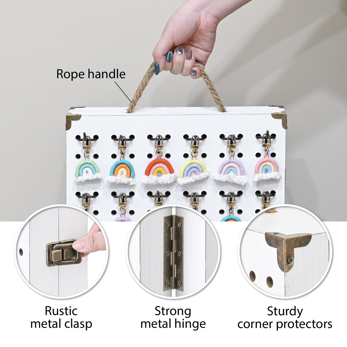 #WD7548 Wooden Foldable and Portable 2 Panel Jewelry Pegboard Organizer with 48 Removable Black Hooks