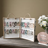 Wooden Foldable and Portable 2 Panel Jewelry Pegboard Organizer with 48 Removable Black Hooks