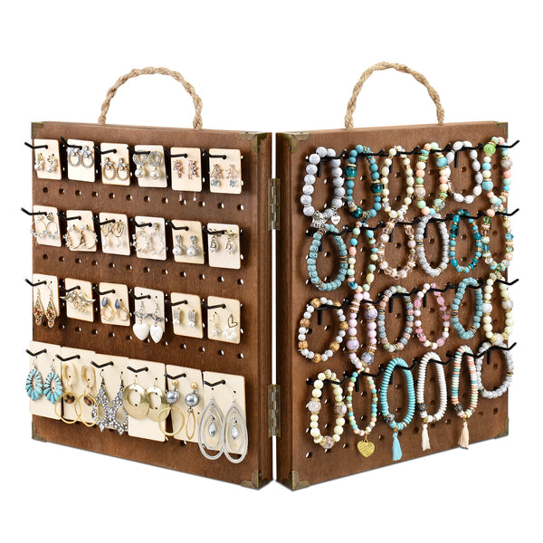 Wooden Foldable and Portable 2 Panel Jewelry Pegboard Organizer with 48 Removable Black Hooks