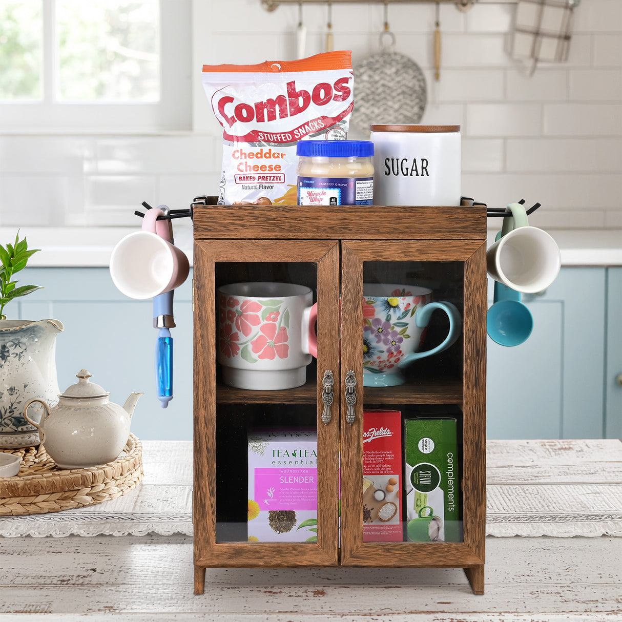 #WD7640  Wooden Countertop Multipurpose Storage Cabinet with Removable Shelves for Kitchen, Vanity, Glass Window Door with 4 Metal Hooks