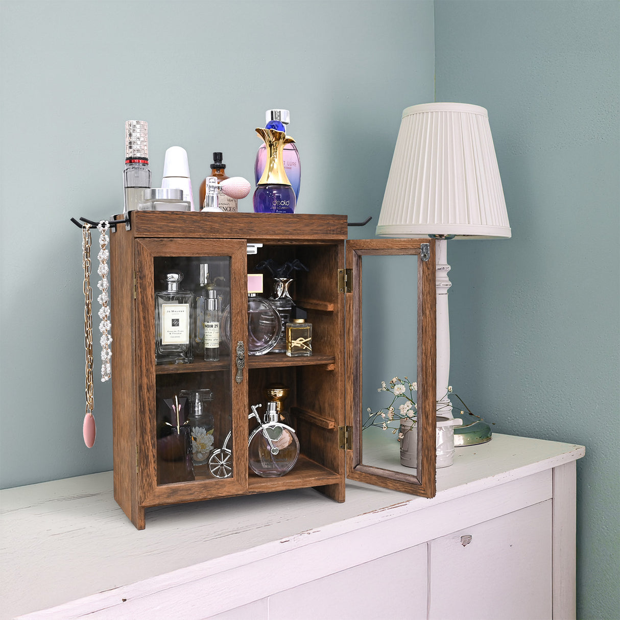 #WD7640  Wooden Countertop Multipurpose Storage Cabinet with Removable Shelves for Kitchen, Vanity, Glass Window Door with 4 Metal Hooks