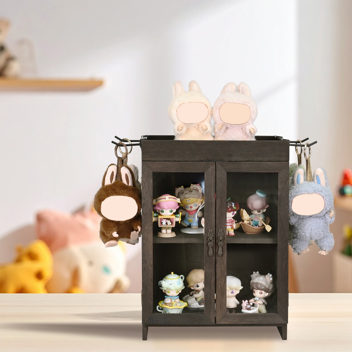 #WD7640  Wooden Countertop Multipurpose Storage Cabinet with Removable Shelves for Kitchen, Vanity, Glass Window Door with 4 Metal Hooks