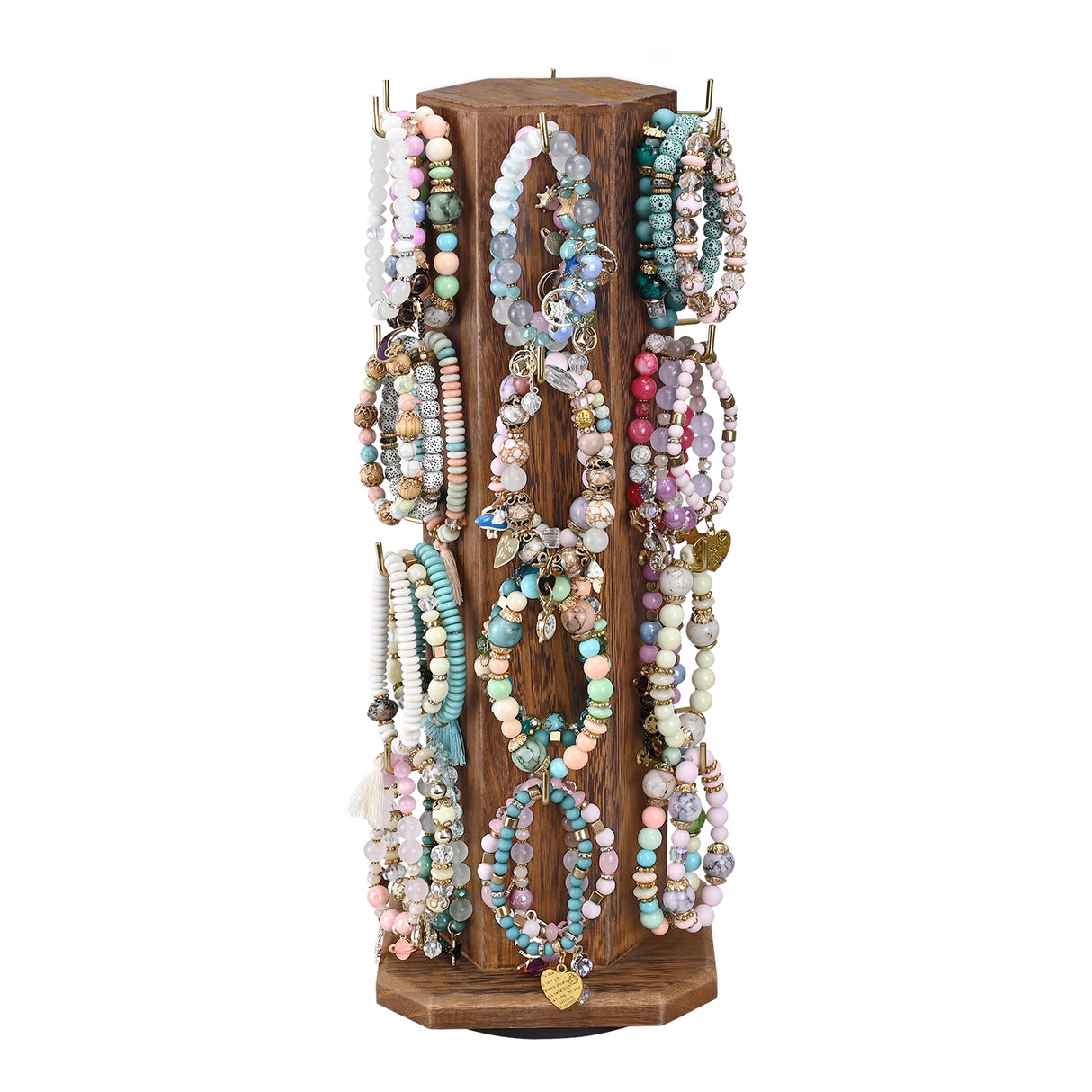 #WD7918-BR Free Assemble 24 Hooks Wood Hexagon 6 Sided Rotating Jewelry Tower Display Stand Tower for Earrings,Bracelets, Earring Display Stand
