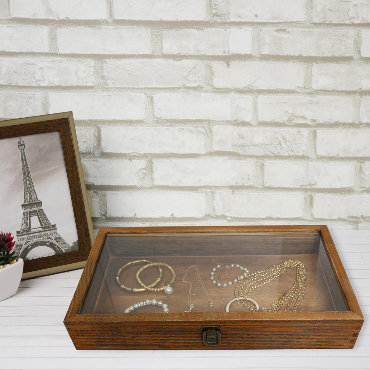Antique Colored Wooden Jewelry Case with Glass Lid-Nile Corp