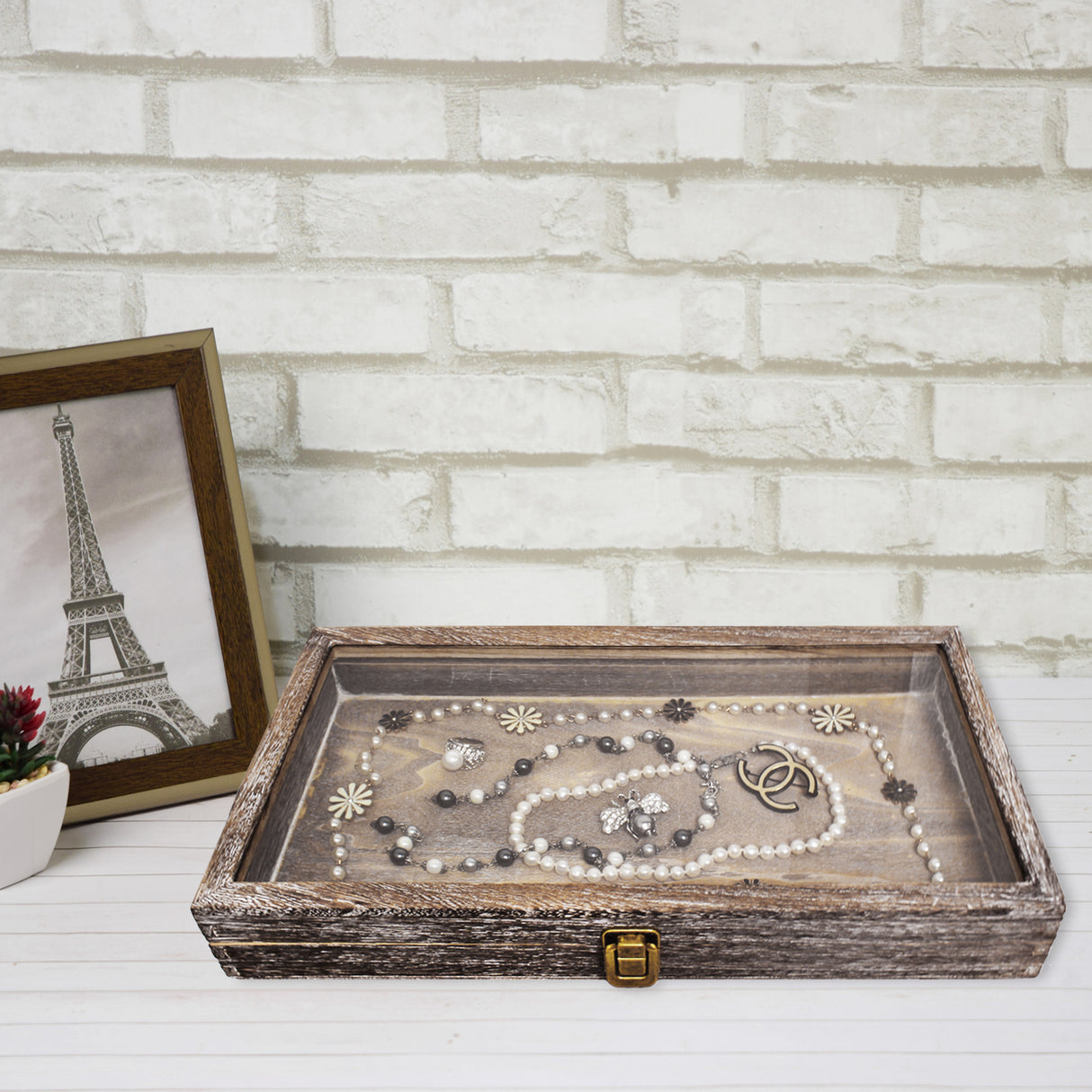 Antique Colored Wooden Jewelry Case with Glass Lid-Nile Corp