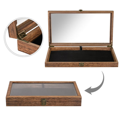 Crafted Wooden Jewelry Display Case Tempered Glass Hinge Lid, Removable Black Luxurious Velvet Pad