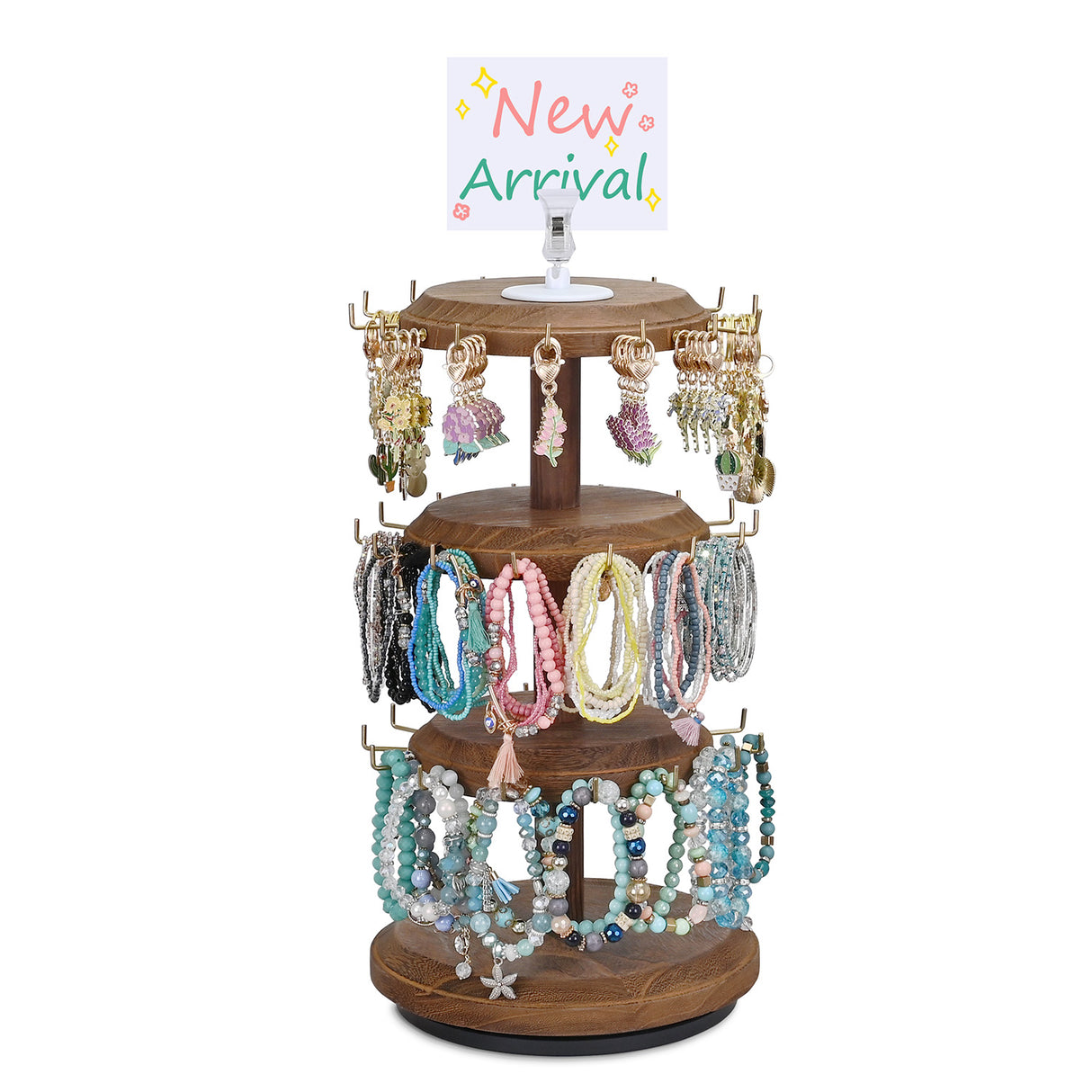 #WD8736 3 Tier Wooden Bracelet Holder, Rotating Bracelet Display, With 42 Hooks