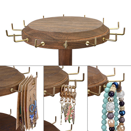 #WD8736 3 Tier Wooden Bracelet Holder, Rotating Bracelet Display, With 42 Hooks