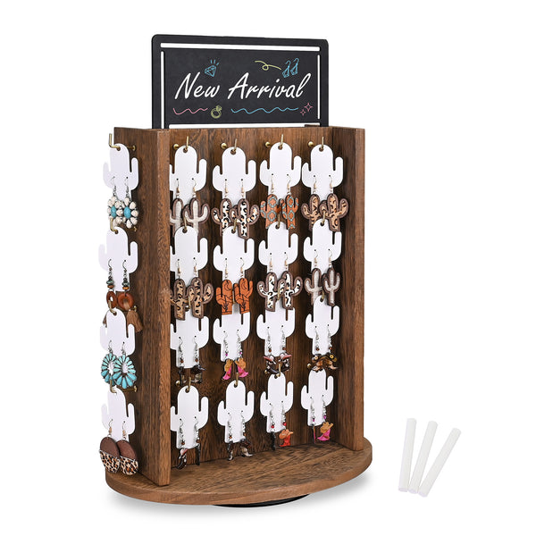 #WD9020BR Wooden Rotating Jewelry Display Stand with 40 Metal Hooks, Earring Display for Vendors