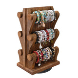 #WD9866 Two-Sided Rotating Wooden Jewelry Bracelet Display Stand-6 Removable Holders, 3 Tier Bar Bangle Organizer-Perfect