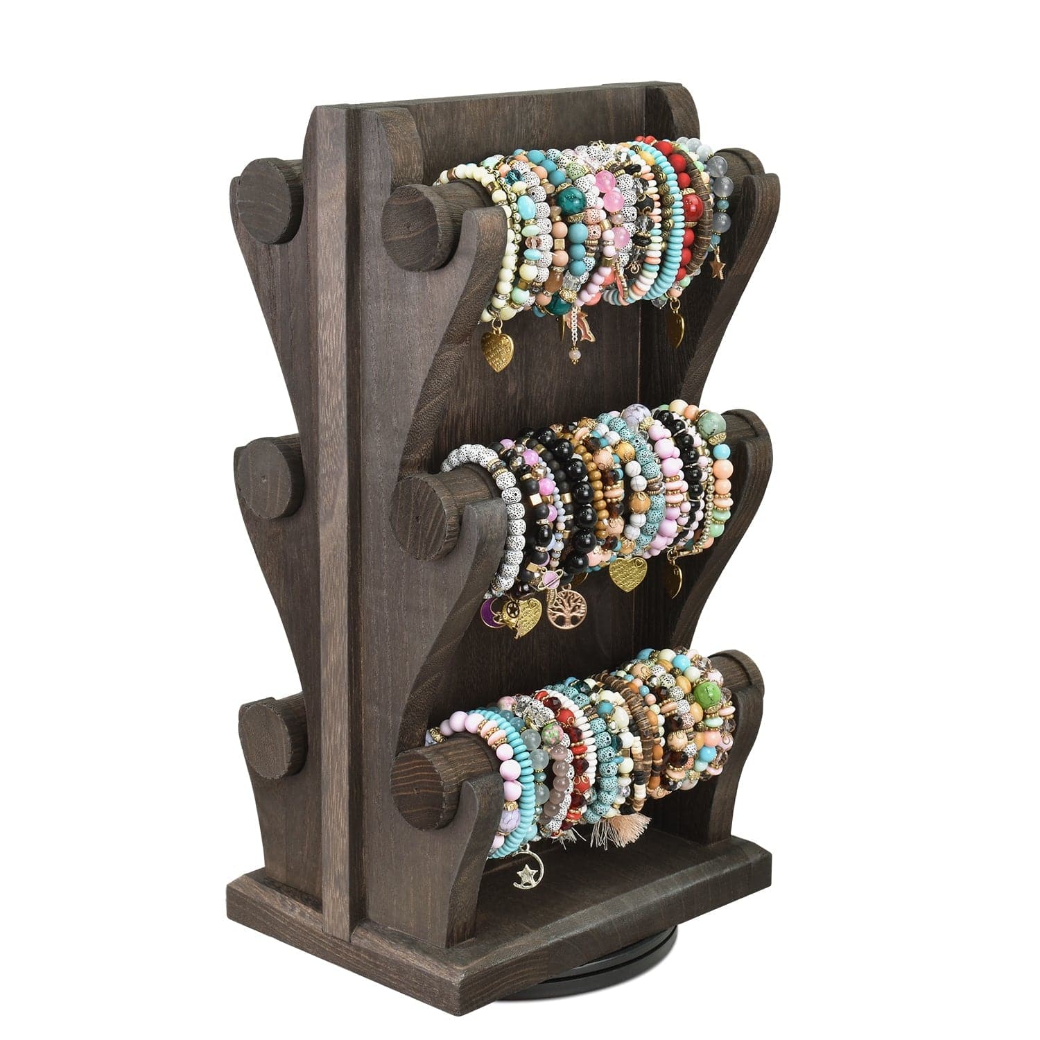 #WD9866DBR Two-Sided Rotating Wooden Jewelry Bracelet Display Stand-6  Removable Holders, 3 Tier Bar Bangle Organizer-Perfect