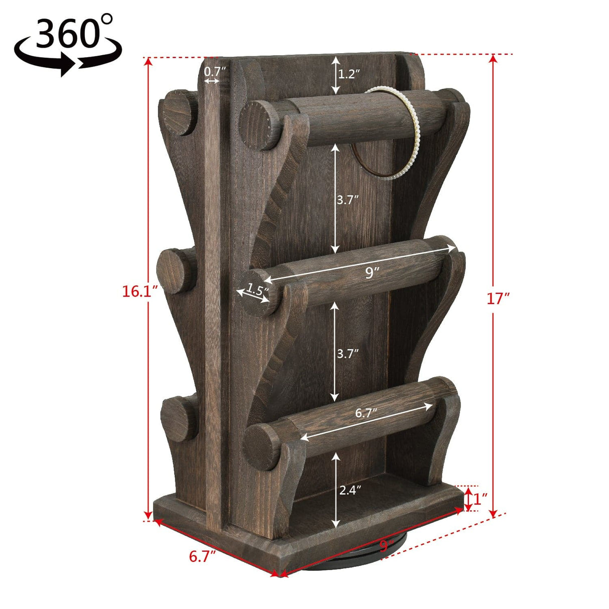 #WD9866 Two-Sided Rotating Wooden Jewelry Bracelet Display Stand-6 Removable Holders, 3 Tier Bar Bangle Organizer-Perfect