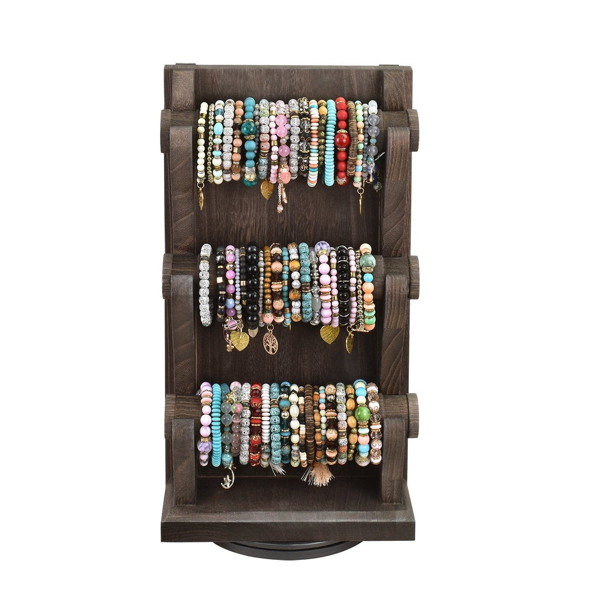 #WD9866 Two-Sided Rotating Wooden Jewelry Bracelet Display Stand-6 Removable Holders, 3 Tier Bar Bangle Organizer-Perfect