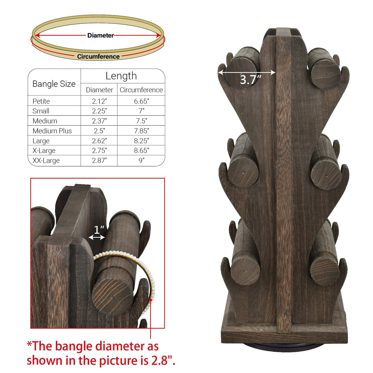 #WD9866 Two-Sided Rotating Wooden Jewelry Bracelet Display Stand-6 Removable Holders, 3 Tier Bar Bangle Organizer-Perfect