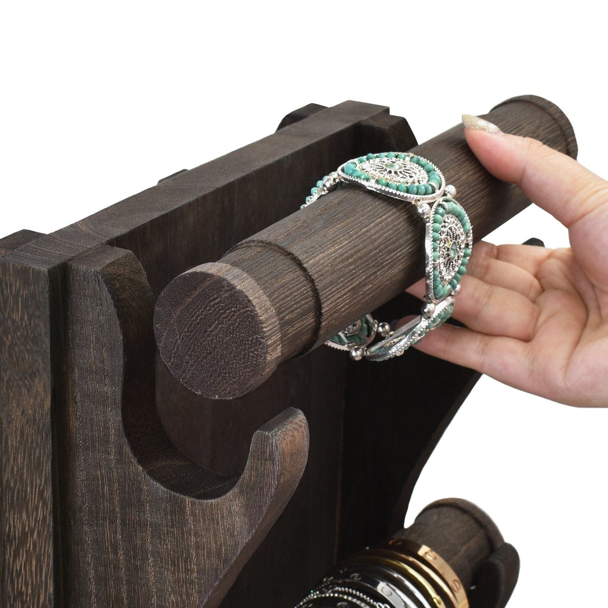 #WD9866 Two-Sided Rotating Wooden Jewelry Bracelet Display Stand-6 Removable Holders, 3 Tier Bar Bangle Organizer-Perfect