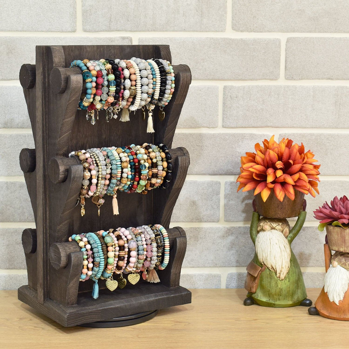 #WD9866 Two-Sided Rotating Wooden Jewelry Bracelet Display Stand-6 Removable Holders, 3 Tier Bar Bangle Organizer-Perfect