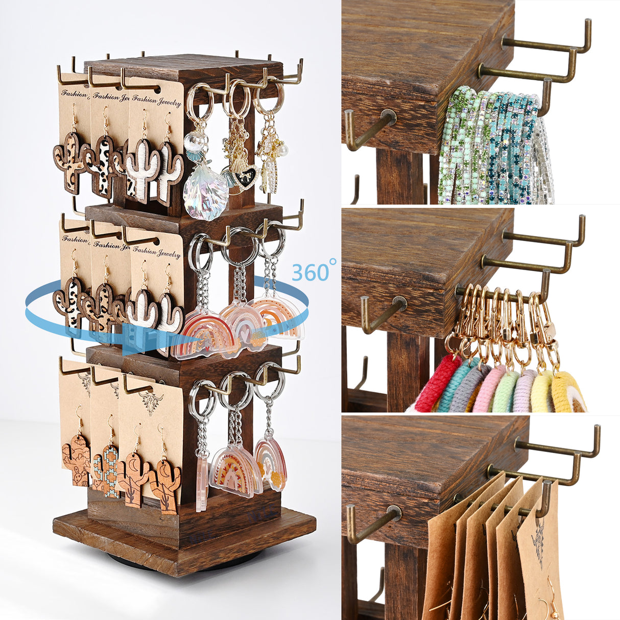#WDJ5036  Natural Wood Rotating 36 Hooks Jewelry Tower