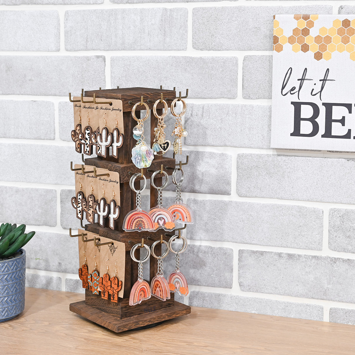 #WDJ5036  Natural Wood Rotating 36 Hooks Jewelry Tower